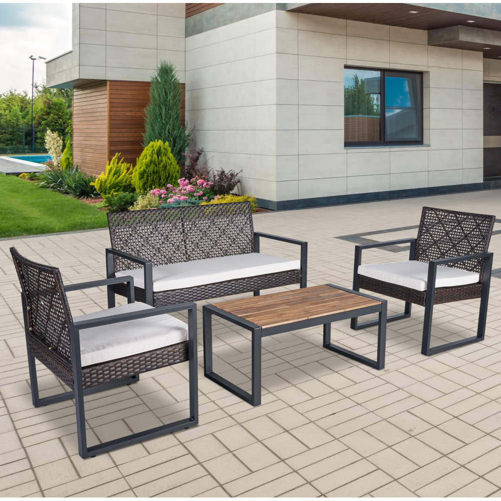 4-Pieces Patio Furniture Set Outdoor Sectional Sofa Rattan Wicker Sofa W/ Table