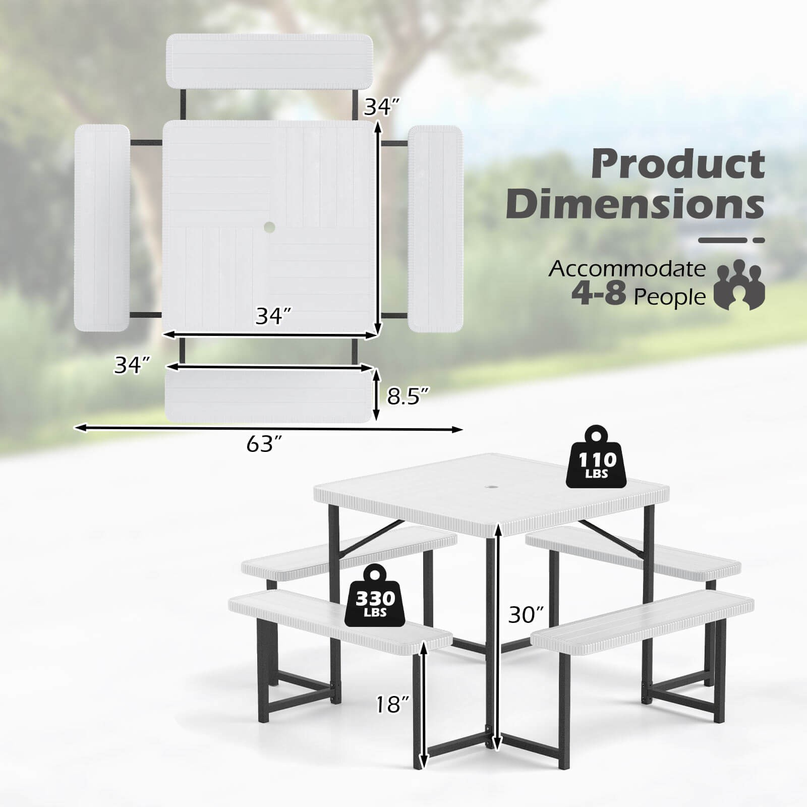 Picnic Table Bench Set for 4-8 People w/ Umbrella Hole All-Weather HDPE Tabletop