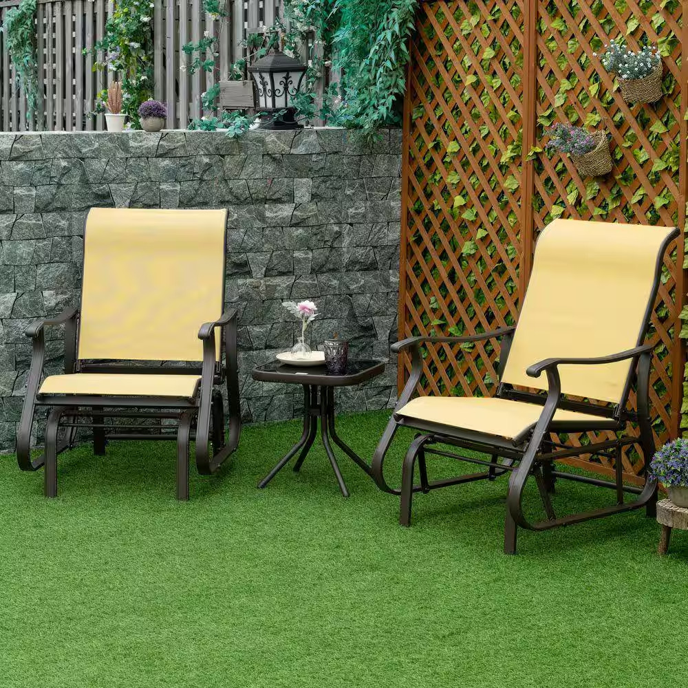 Beige 3-Piece Outdoor Gliders Bistro Set with Steel Frame, Tempered Glass Top fo