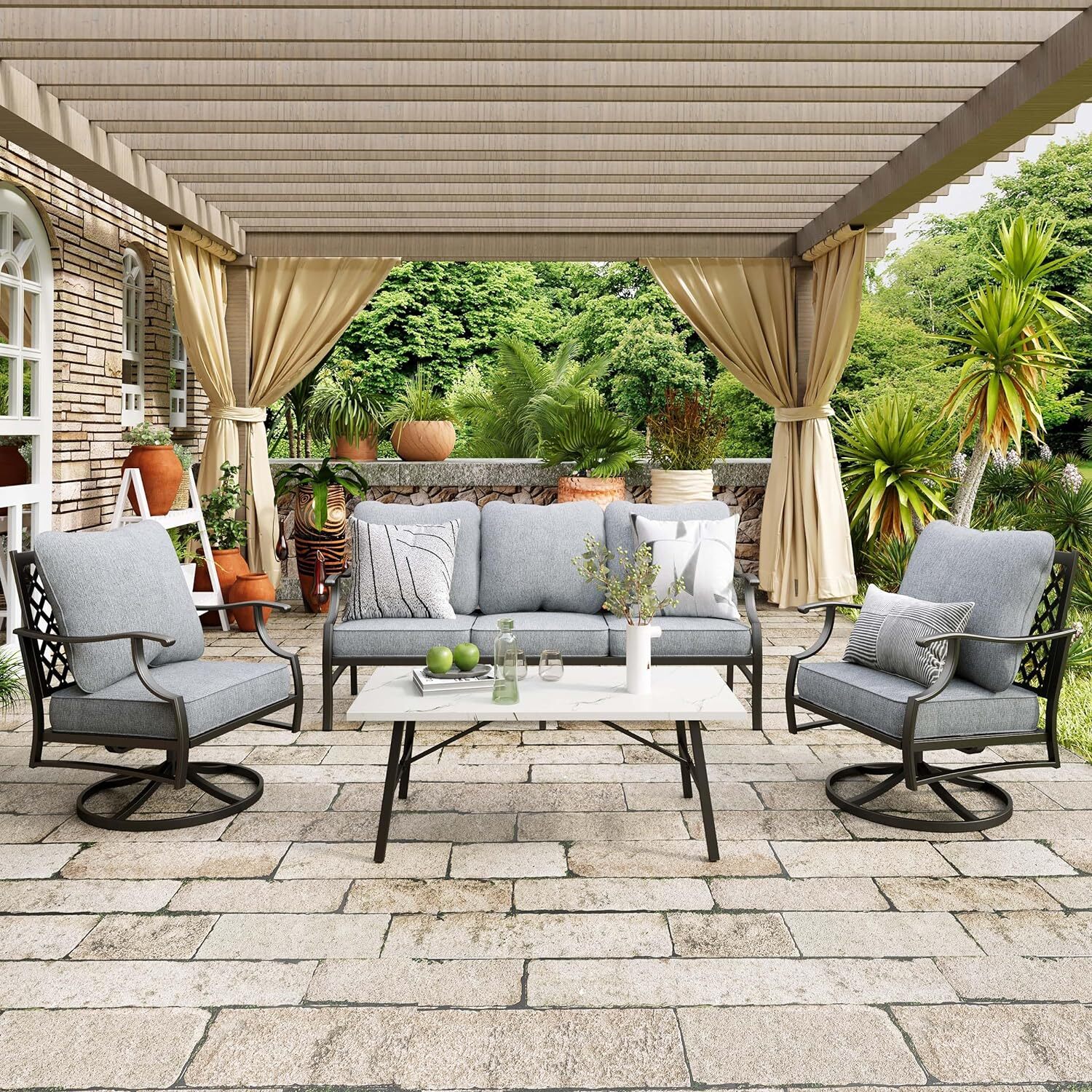 PHI VILLA 5 Seat Patio Furniture Set Outdoor Conversation Sets Sofa Chairs Grey