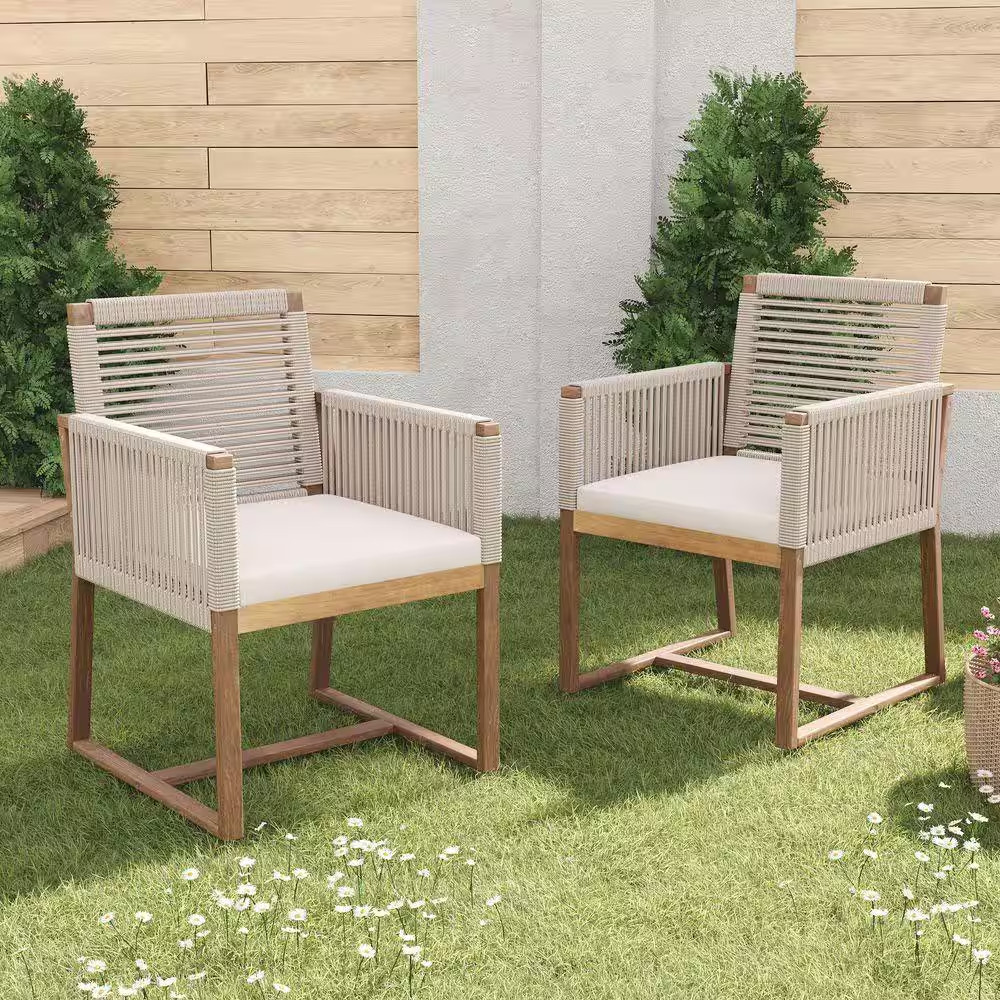 Light Brown Acacia Wood Outdoor Dining Chairs with Rope Design Back and Arms and