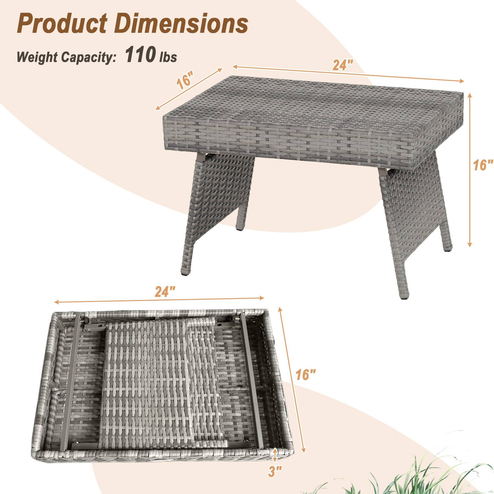 Folding Patio Rattan Wicker Side Table End Coffee Table Portable Garden Mix Grey