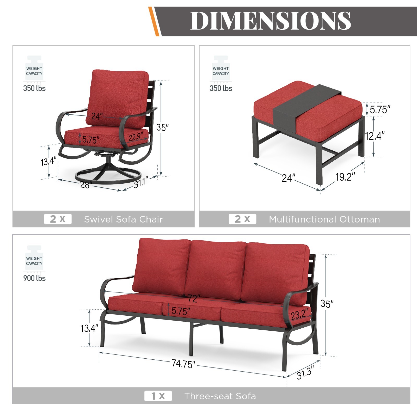 Patio Conversation Sofa Sets Outdoor Furniture Set with Swivel Chair Ottoman Red