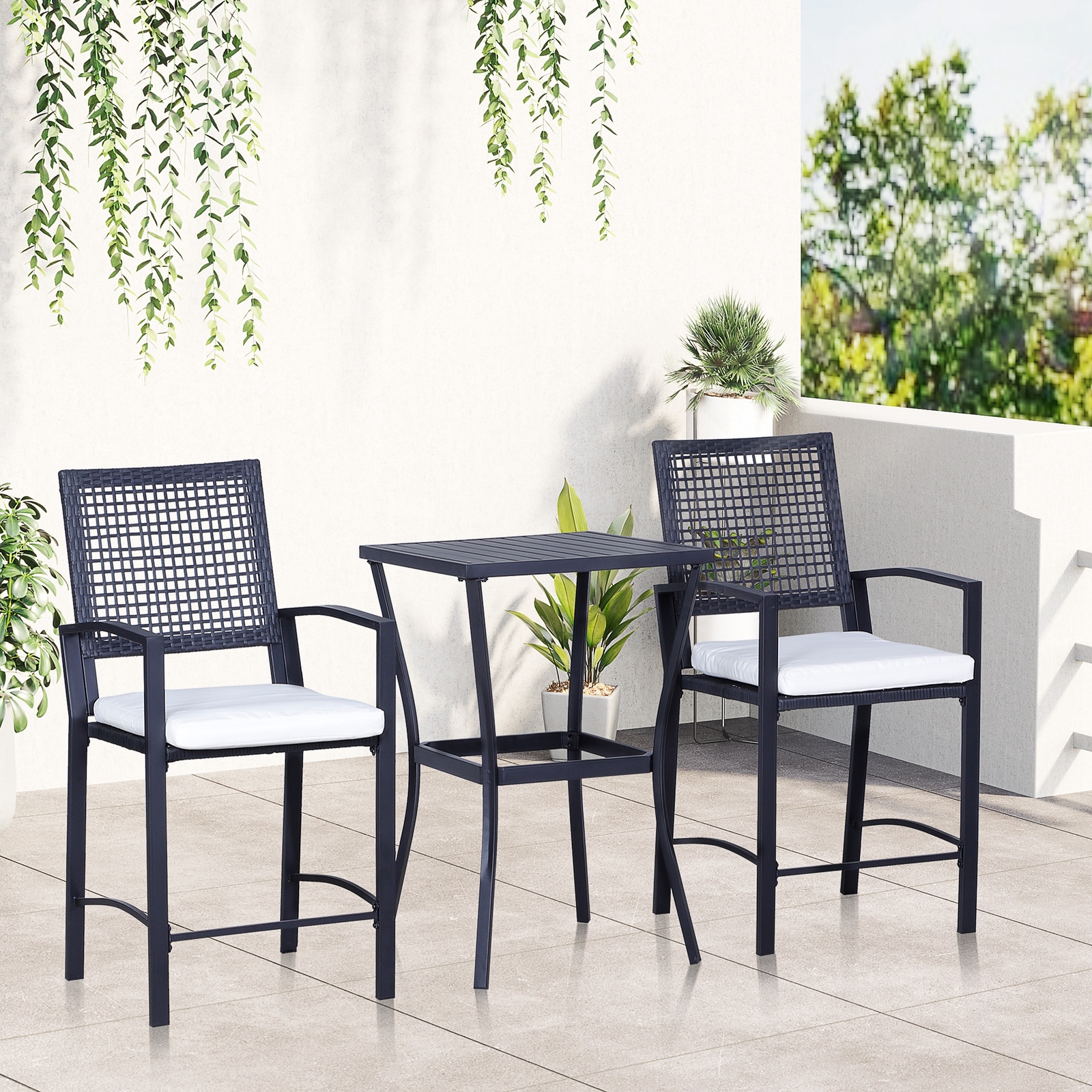 3pc Rattan Wicker Bistro Set Bar Table High Stool Garden Patio Furniture