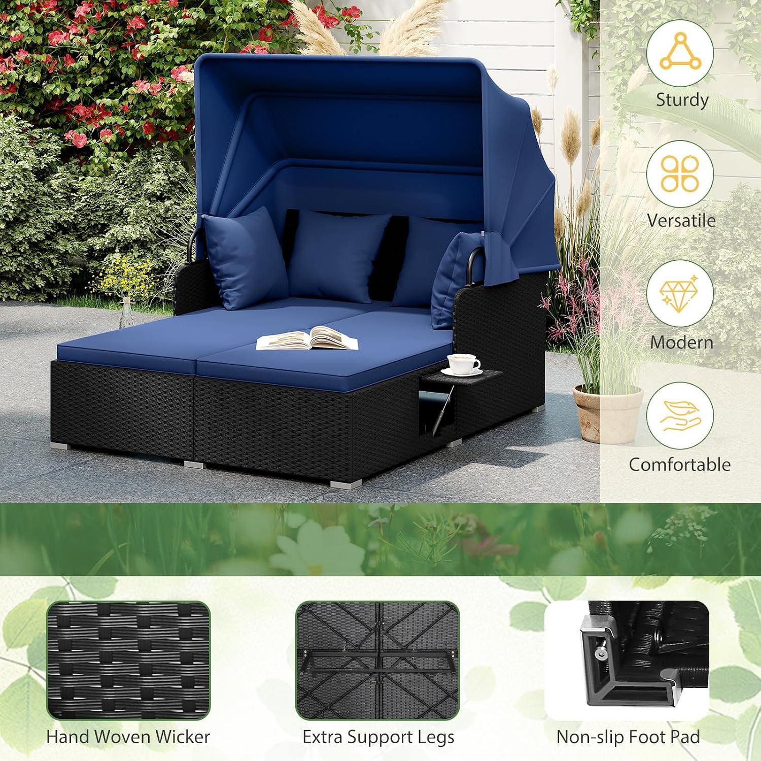 Outdoor Daybed, 2-Person Wicker Patio Sofa with Retractable Canopy, Cushions & P