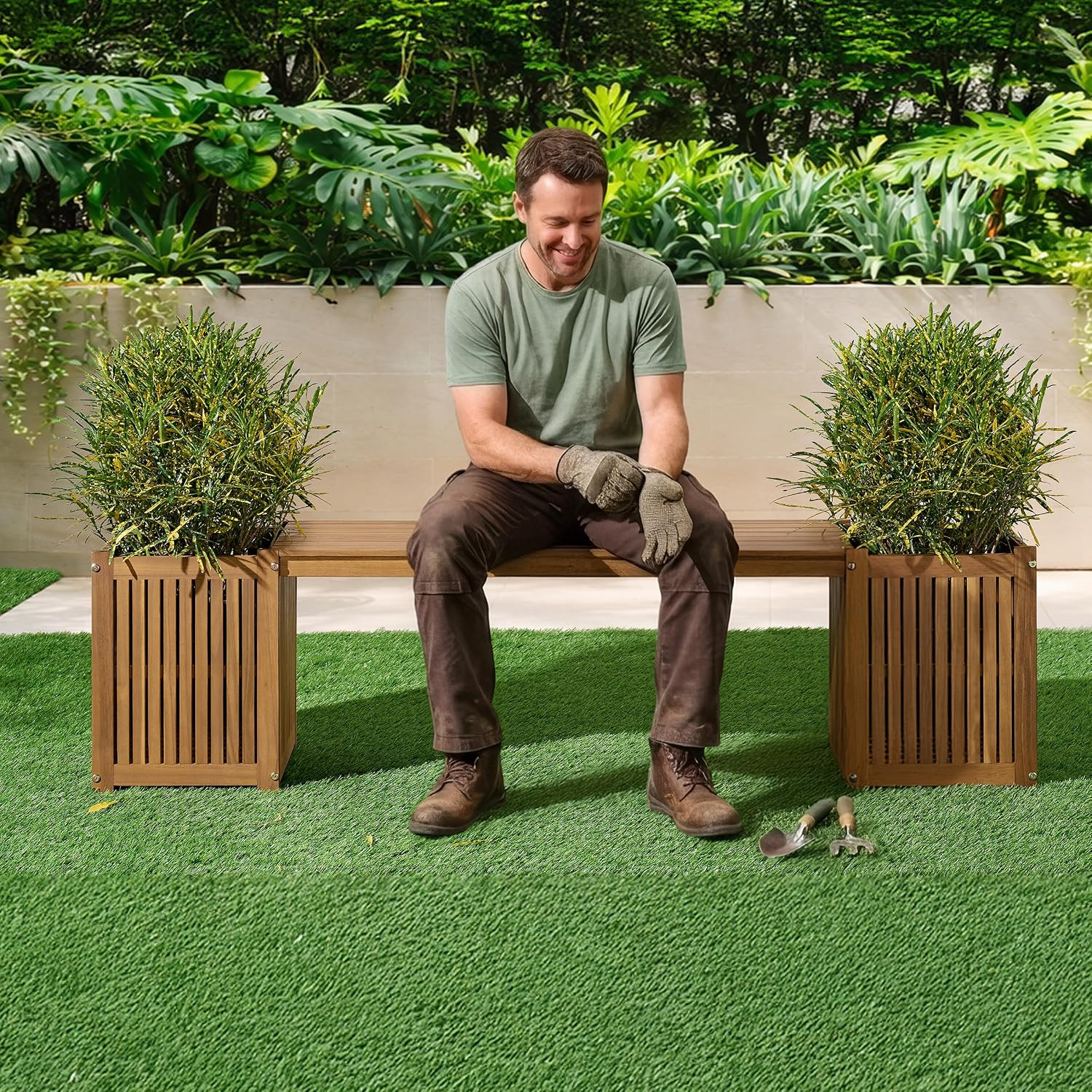 Outdoor Bench with 2 Planter Boxes – 2-In-1 Acacia Wood Bench Outdoor Planters w