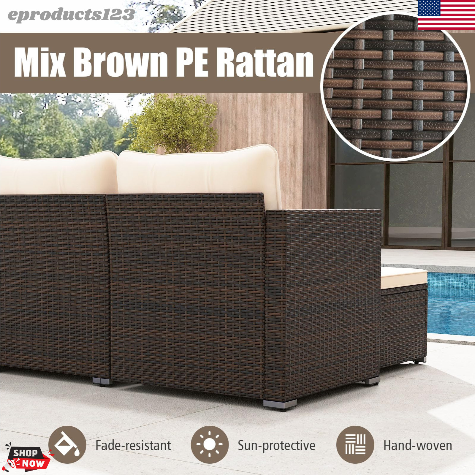 Rattan Outdoor Sectional Sofa Set L Shaped Patio Furniture w/ Glass Coffee Table
