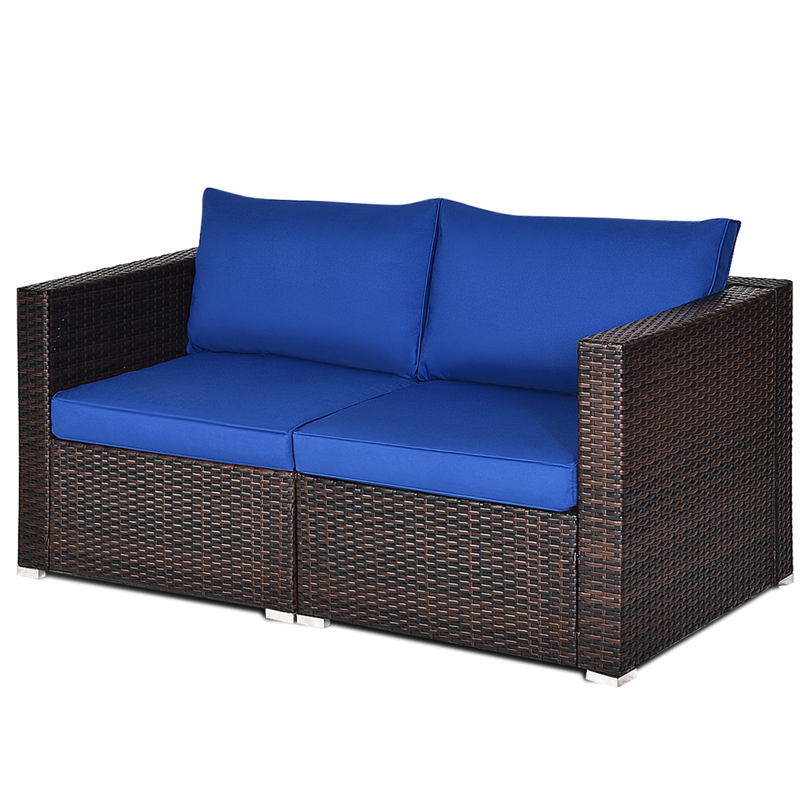 2PCS Rattan Corner Sofa Set Patio Outdoor Furniture Set w/ 4 Navy Cushions