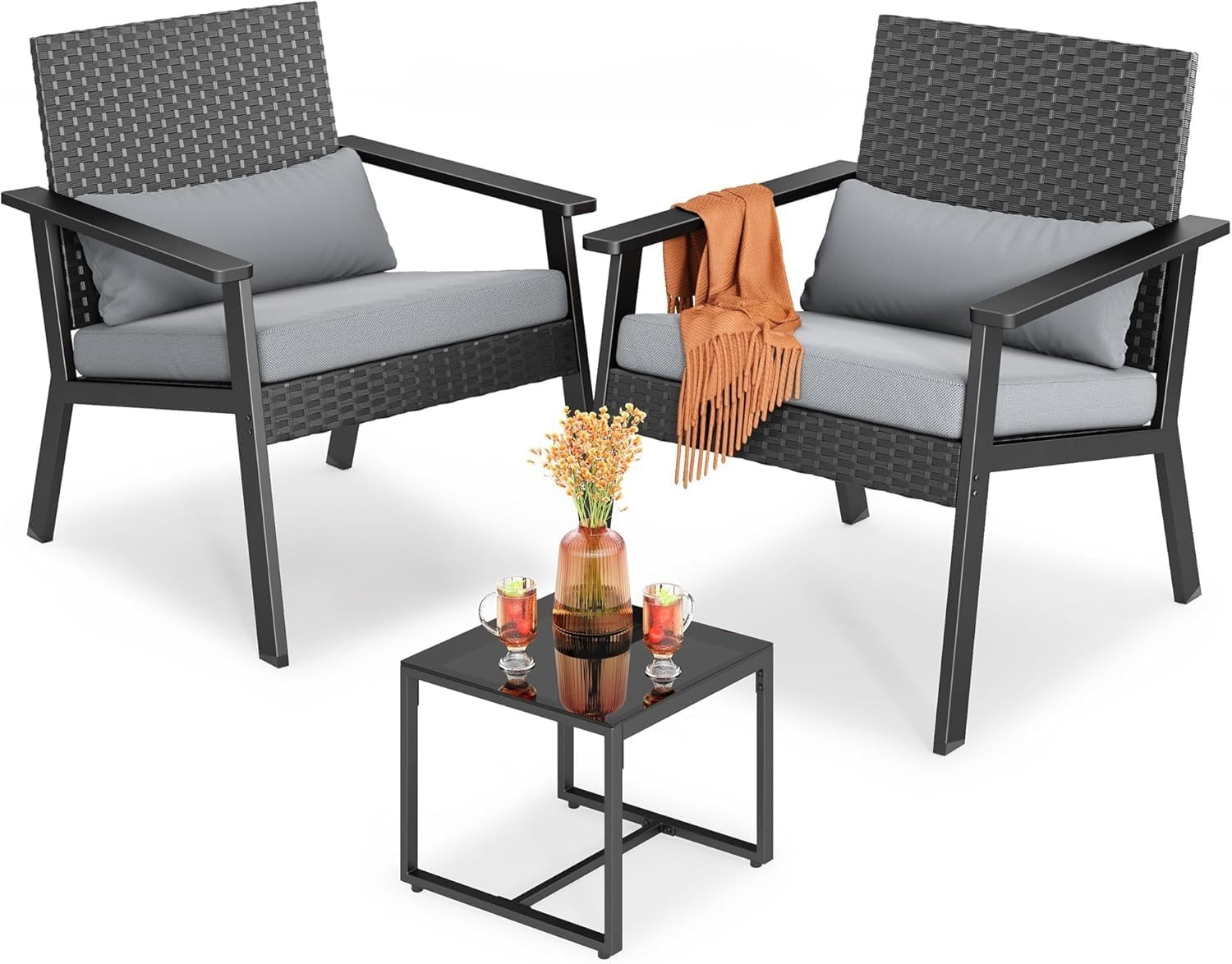 Ahomly 3-Piece Wicker Small Outdoor Patio Furniture Set with Glass Table for Bal