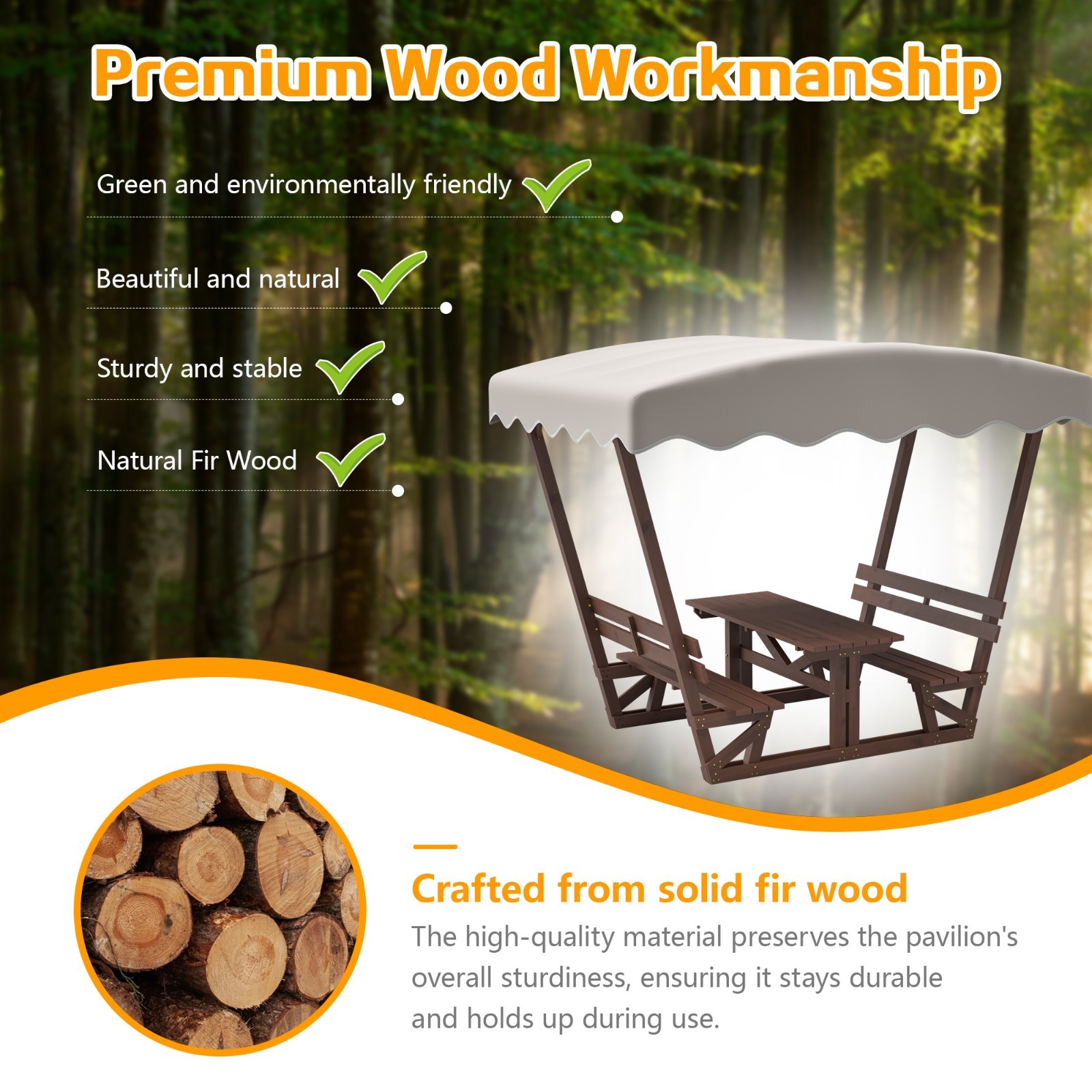 Solid Wood Picnic Table Set w/ Removable Waterproof Canopy, 4-Seater, Brown
