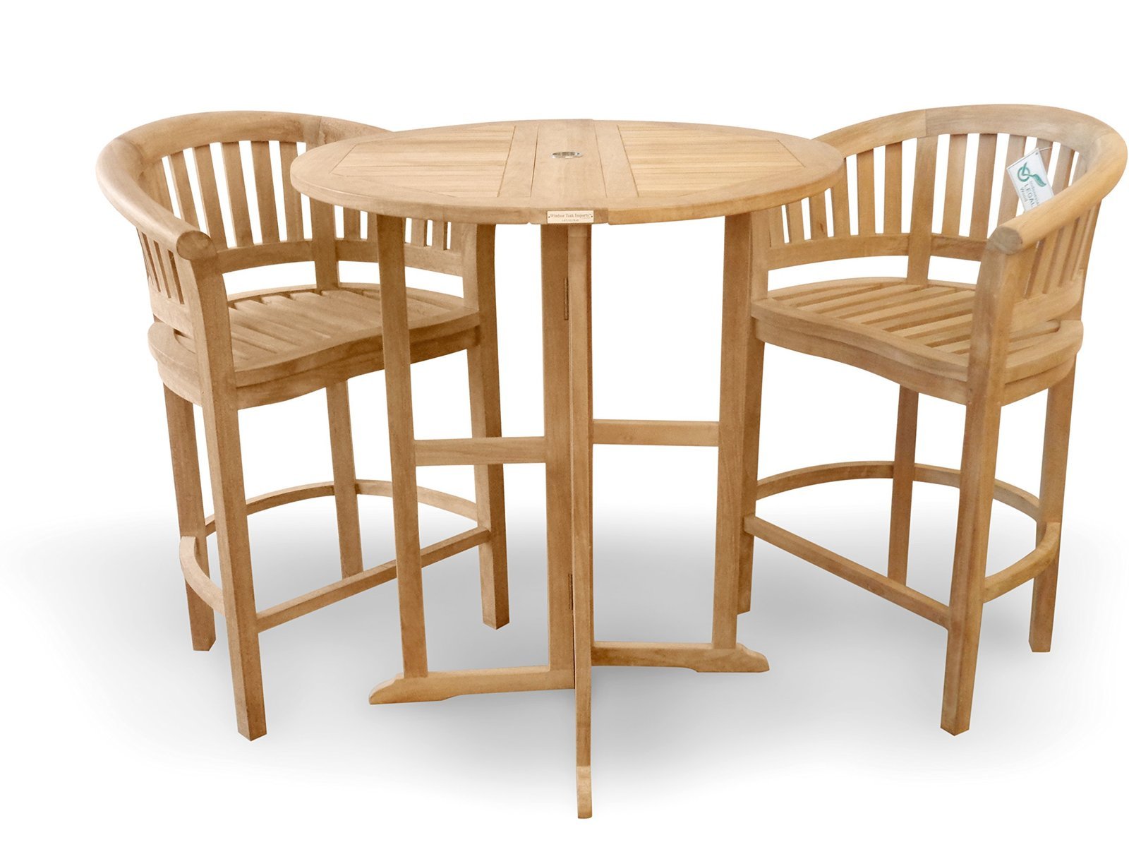 Windsor’s Genuine Grade A Teak 39″ Bar Round Dropleaf Table w/2 Large Bar Chairs