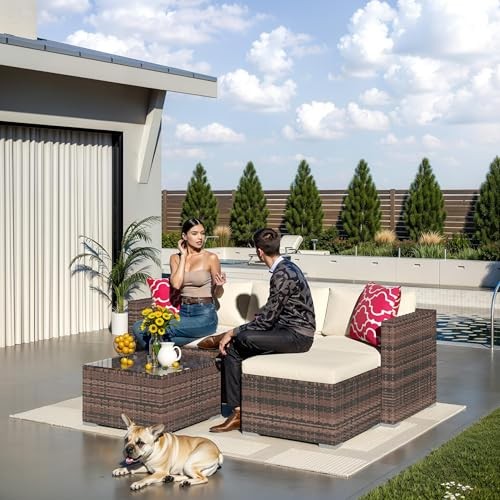 5 Piece L Shaped Patio Set Brown Wicker