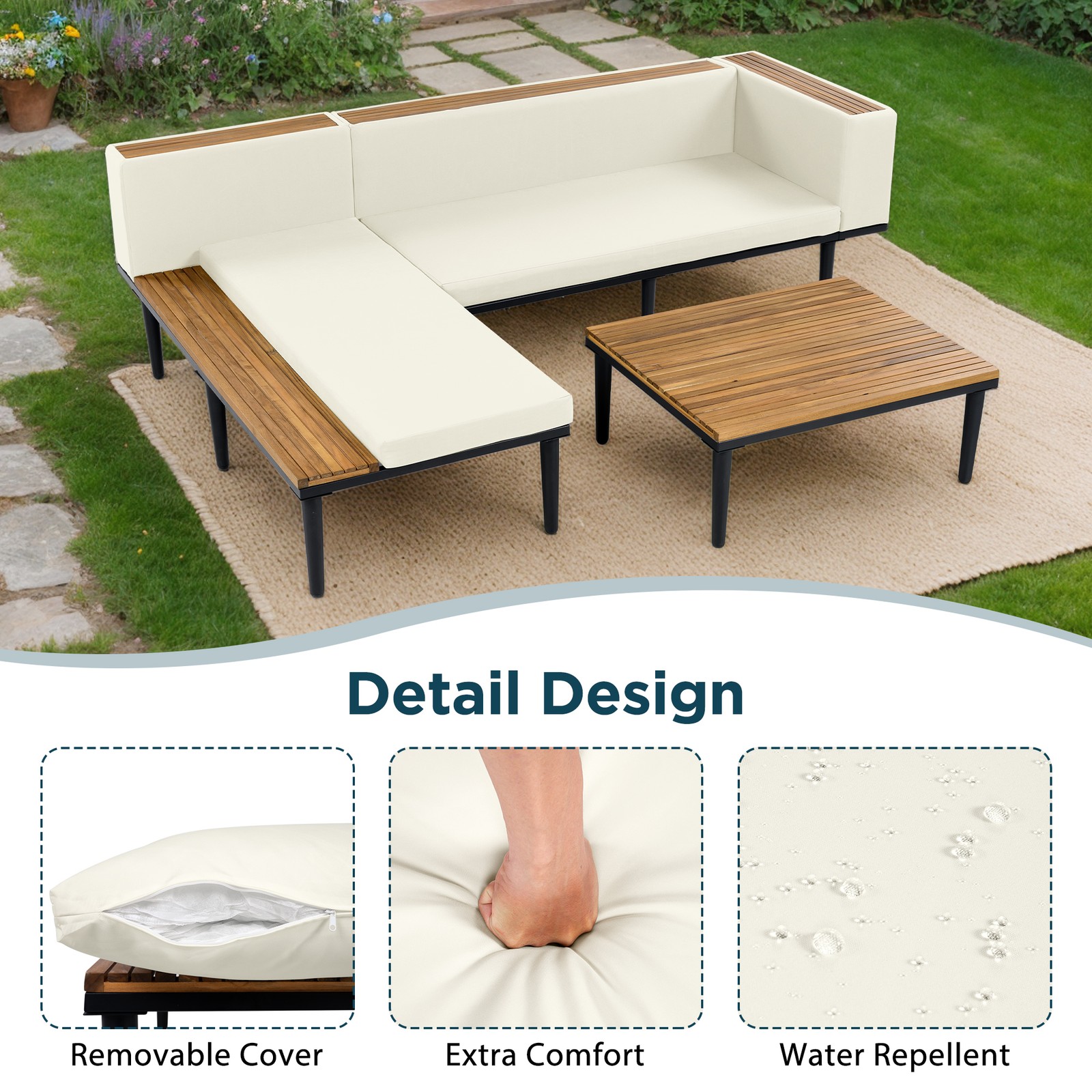 Acacia Wood Outdoor Sectional Sofa Set with Cushions Coffee Table