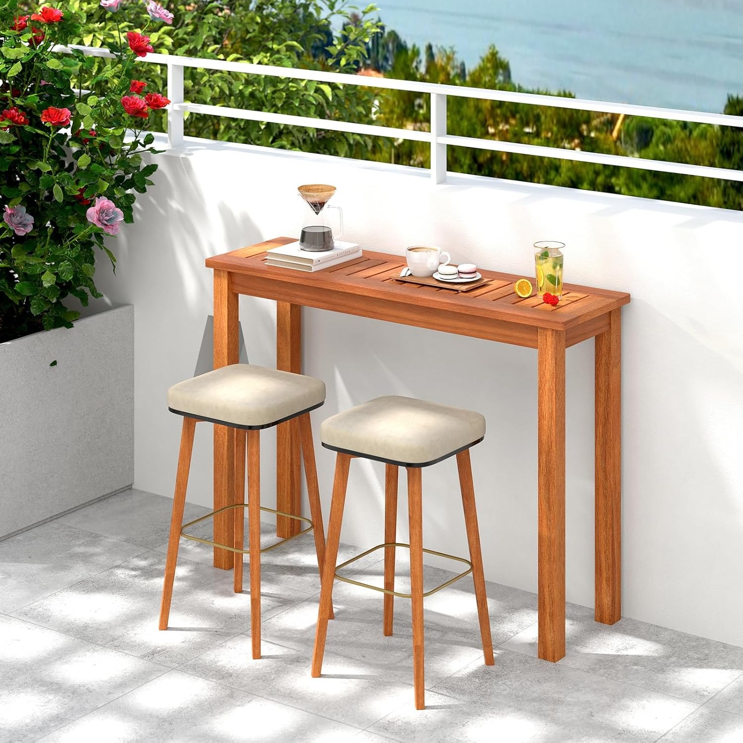 Narrow Outdoor Dining Table, Solid Wood Furniture Patio Console Table with