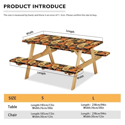 Picnic Table Cover with Bench Covers Large-8 foot Autumn Sunflower Pumpkin
