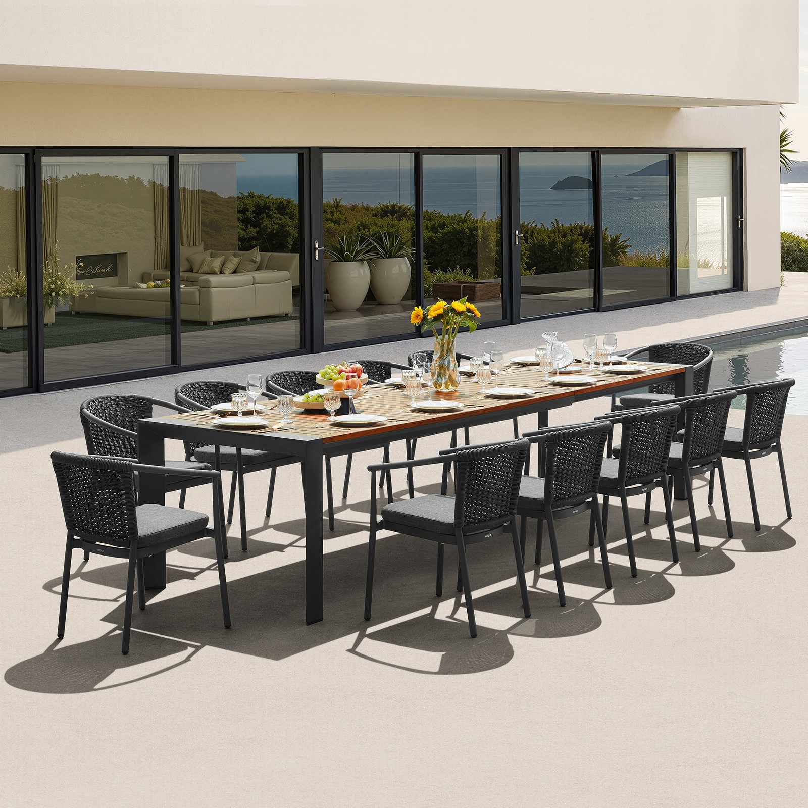 HIGOLD LUMEN 13-Piece FSC Teak Patio Dining Set for 12, Extendable Dining Table