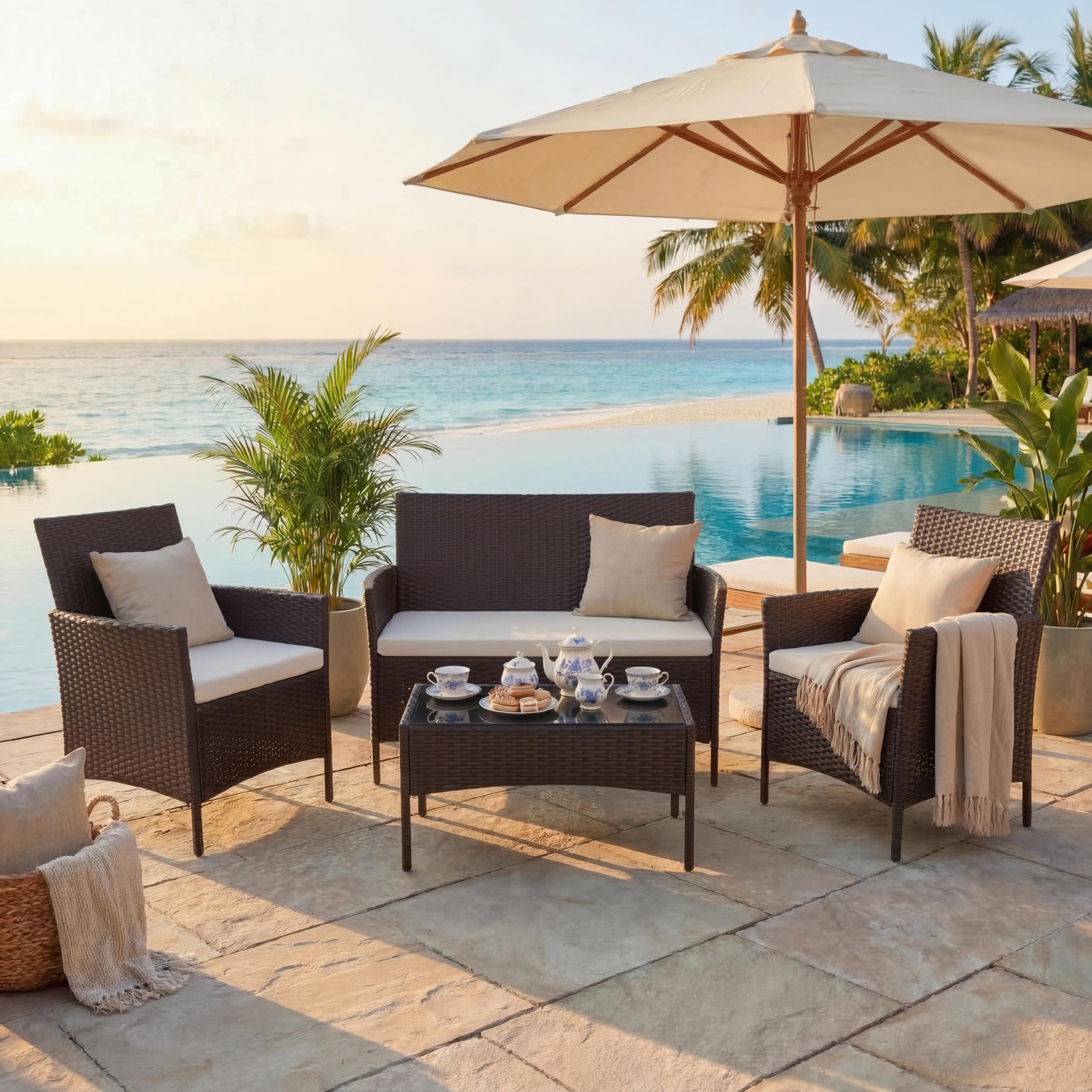 4pcs Patio Furniture Set, Outdoor Wicker Conversation Set, Cushion &Coffee Table