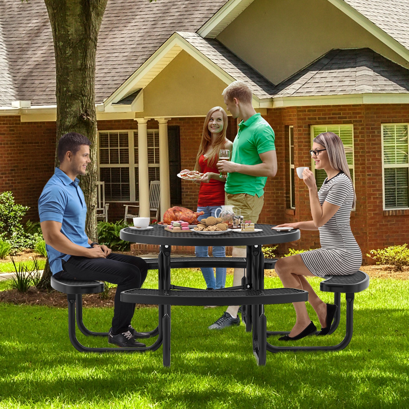45″ Outdoor Round Picnic Table Bench Set for 8 w/ Umbrella Hole BLK