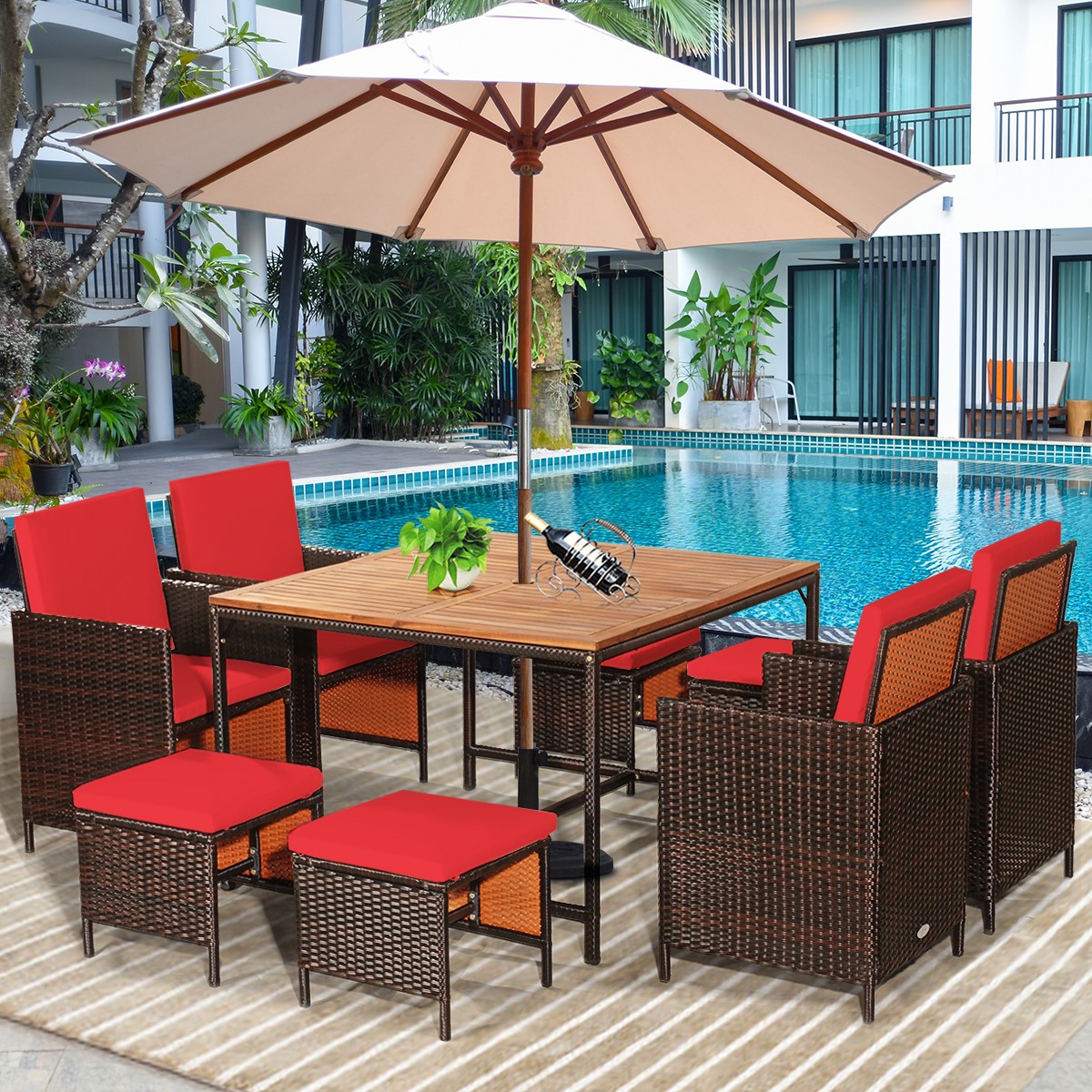 9PCS Patio Rattan Dining Set Cushioned Chairs Ottoman Wood Table Top Red