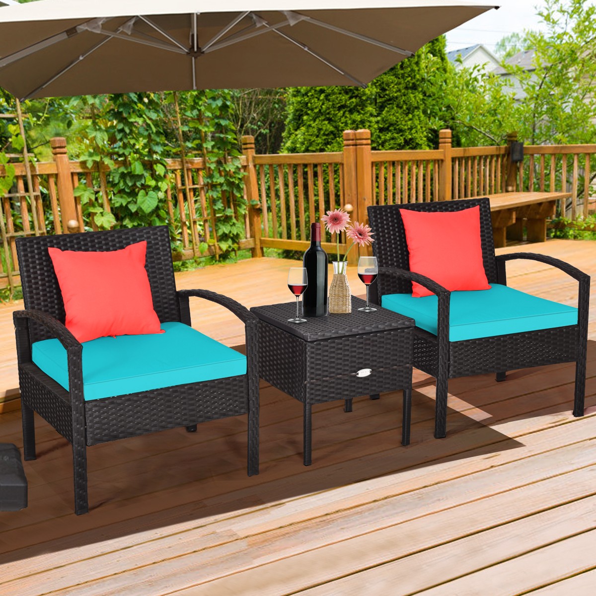 Patiojoy 3PCS Patio Rattan Furniture Set Table Cushioned Sofa Turquoise