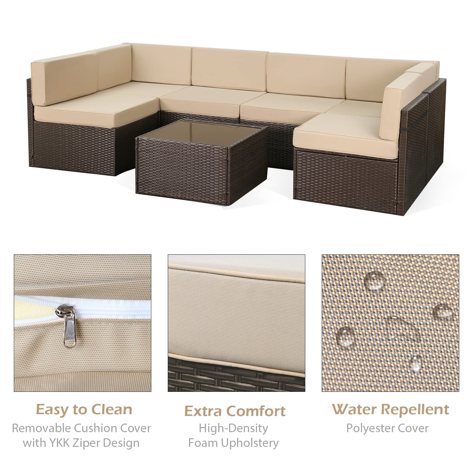 7-Pc PE Rattan Patio Sofa Set Outdoor Sectional Conversation Couch with Cushions