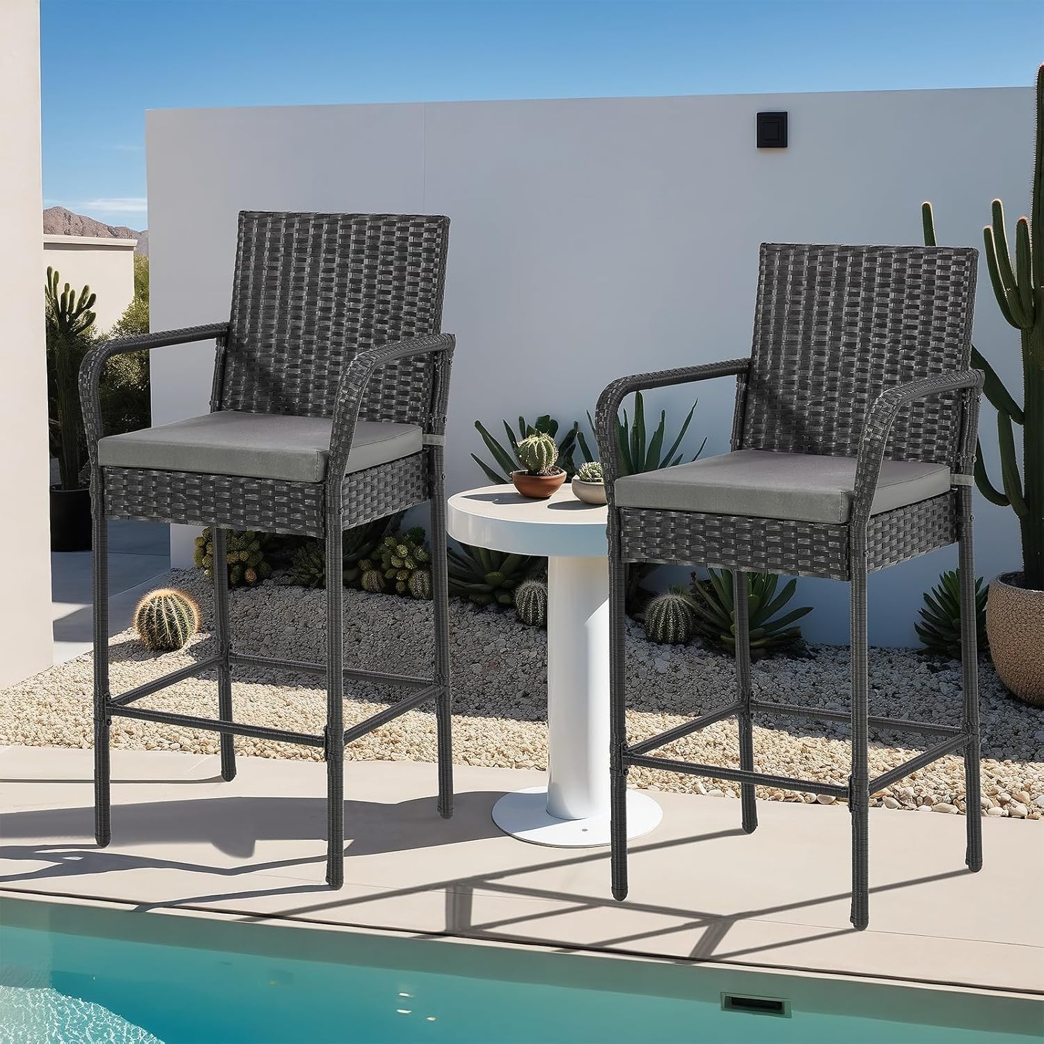 2 Pc All-Weather Wicker Bar Stools Outdoor with Armrest & Cushion Counter Height