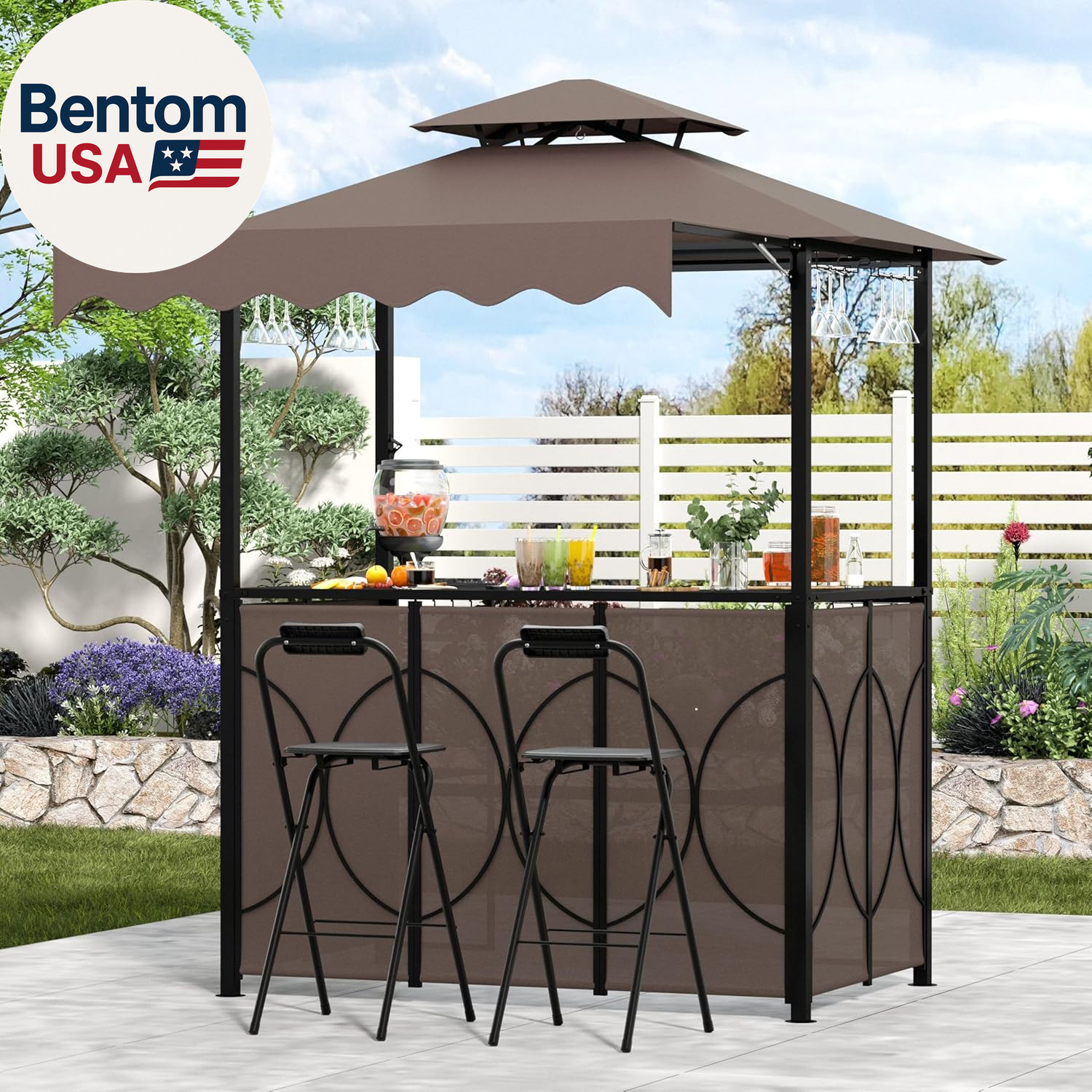 3 Piece Patio Bar and Grill Set, Grill Gazebo with Bar Table and 2 Foldable Stoo