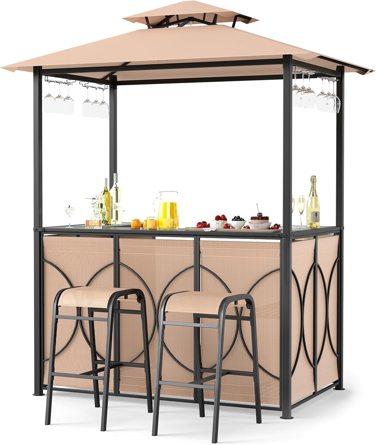 3-Piece Patio Bar Set, Grill Gazebo & 2 Bar Stools with Tempered Glass Bar Table