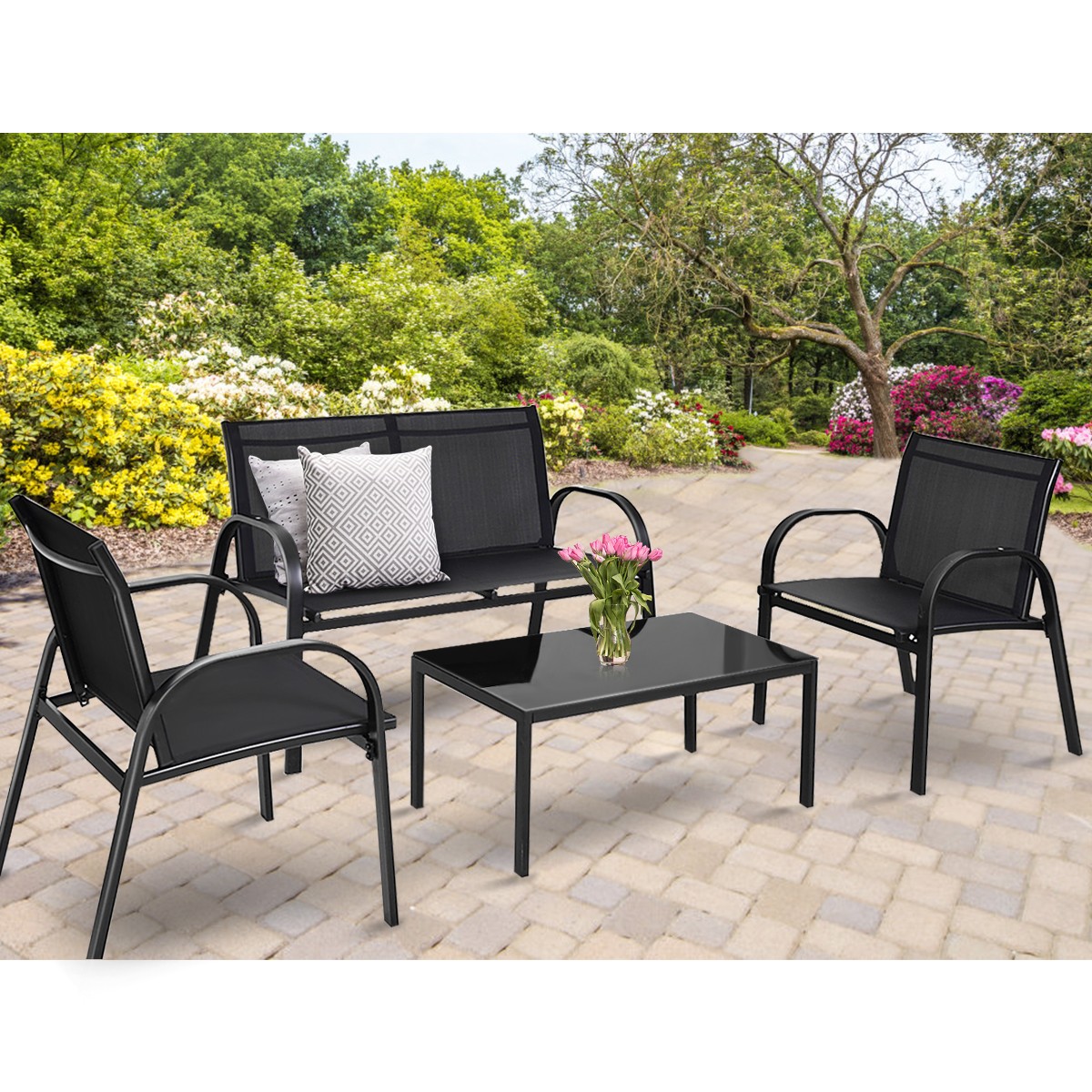 4PCS Black Furniture Set Chairs Coffee Table Patio Garden Brand New
