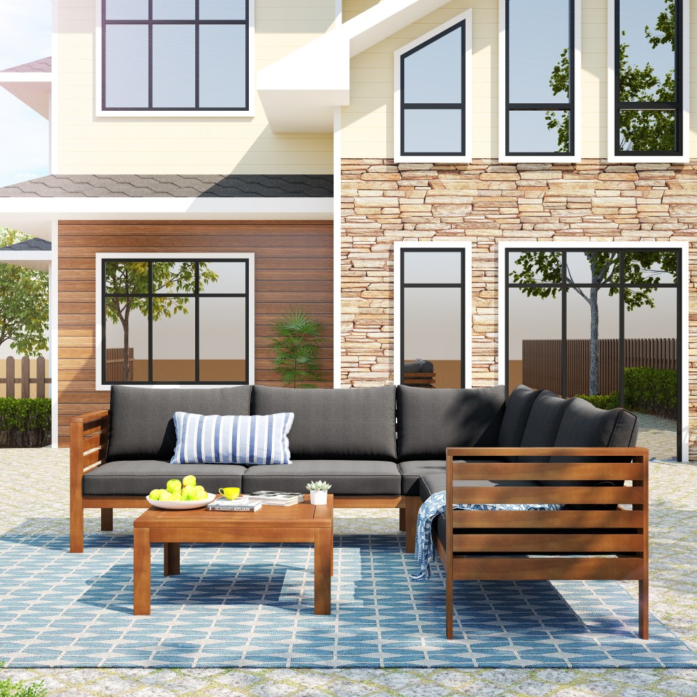 4PCS Acacia Wood Patio Sectional Sofa Set w/UV Protected Cushions & Coffee Table