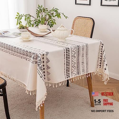 Modern Boho Waterproof Fabric Tablecloth, 6 79″ x 55″ (Rectangular) White Black
