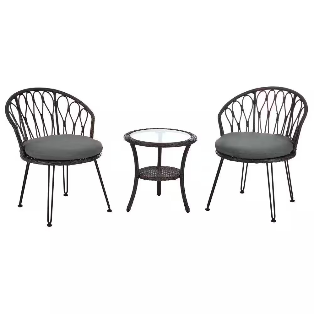 Brown 3-Piece Wicker Outdoor Bistro Set with Gray Cushion Patio Chairs and round