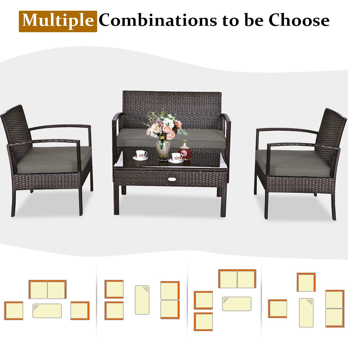 Patiojoy 4PCS Patio Rattan Furniture Set Cushioned Sofa Coffee Table Garden Deck