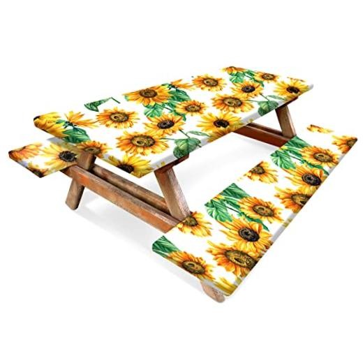3 Pcs Vinyl Picnic Table Cover with Bench Cover 6 ft 30 x 72 Inch Sunflower