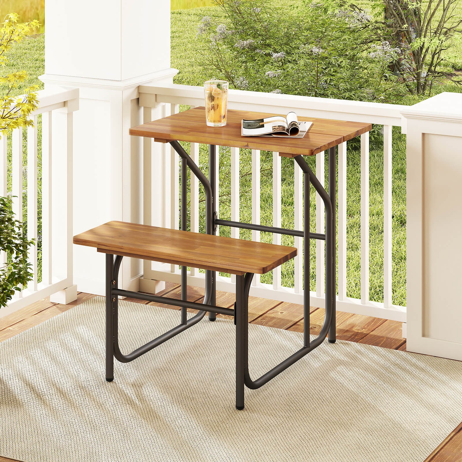 2PCS Patio Table Bench Set Picnic Table & Seat w/ Acacia Wood Top Metal Legs