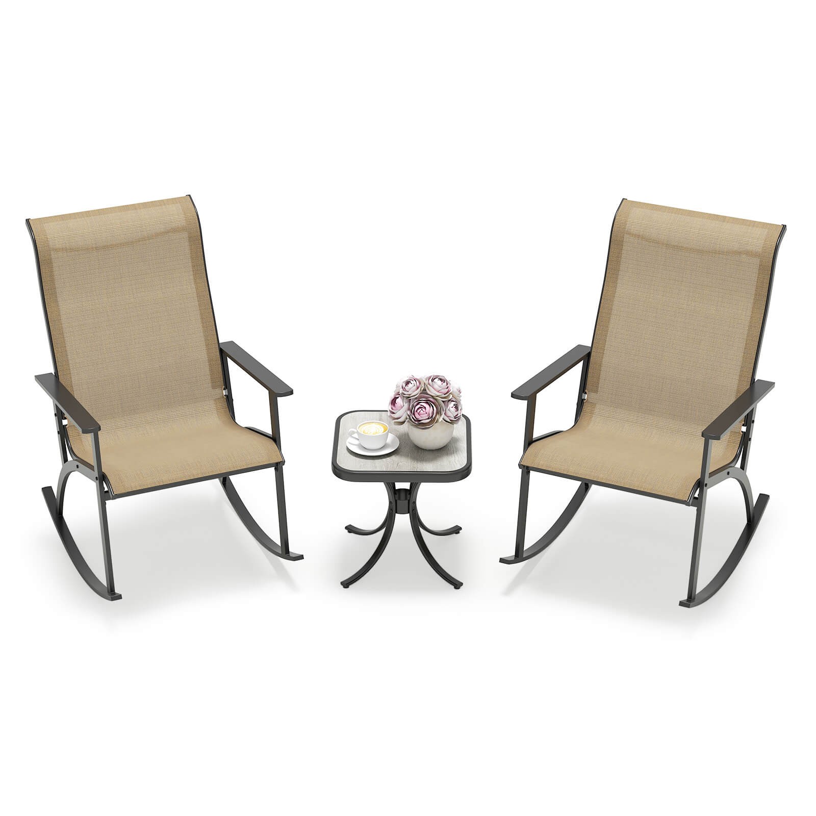 3 PCS Patio Rocker Set w/ High Backrest & Wood-Plastic Tabletop Coffee Table