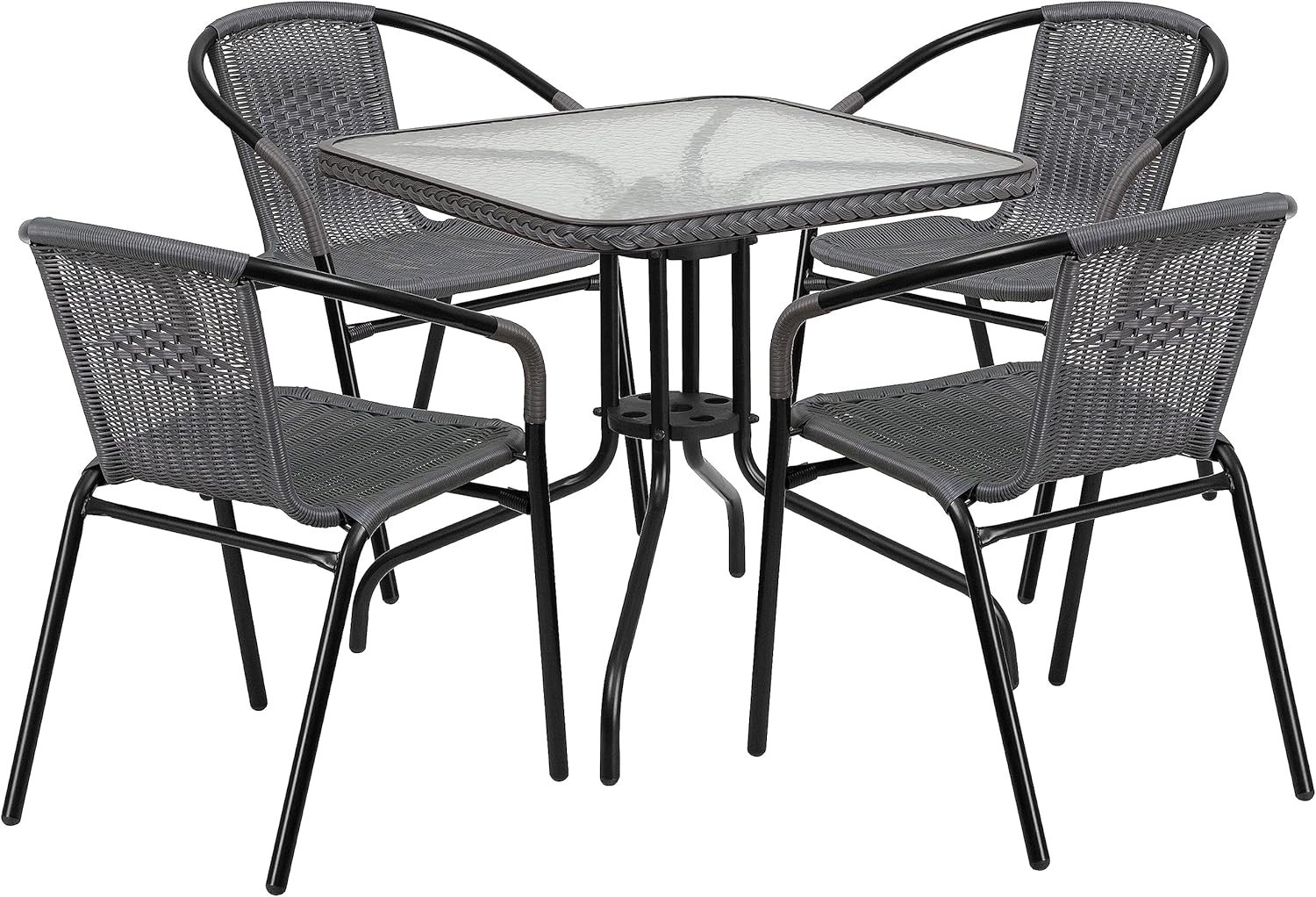 5-Piece 28″ Square Indoor/Outdoor Patio Table and Chairs Set, Glass Metal Bis…