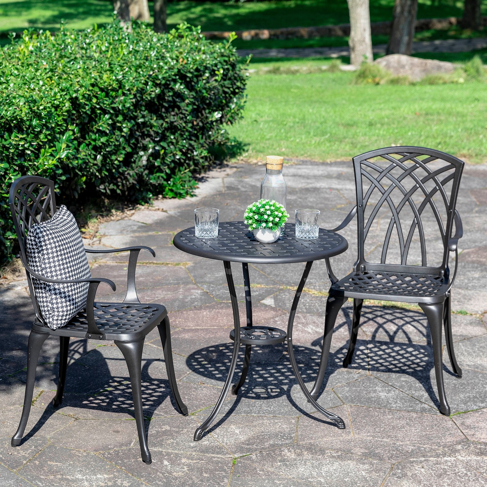 3-Piece Outdoor Patio Bistro Set Cast Aluminum 2 Chairs Table with Umbrella Hole