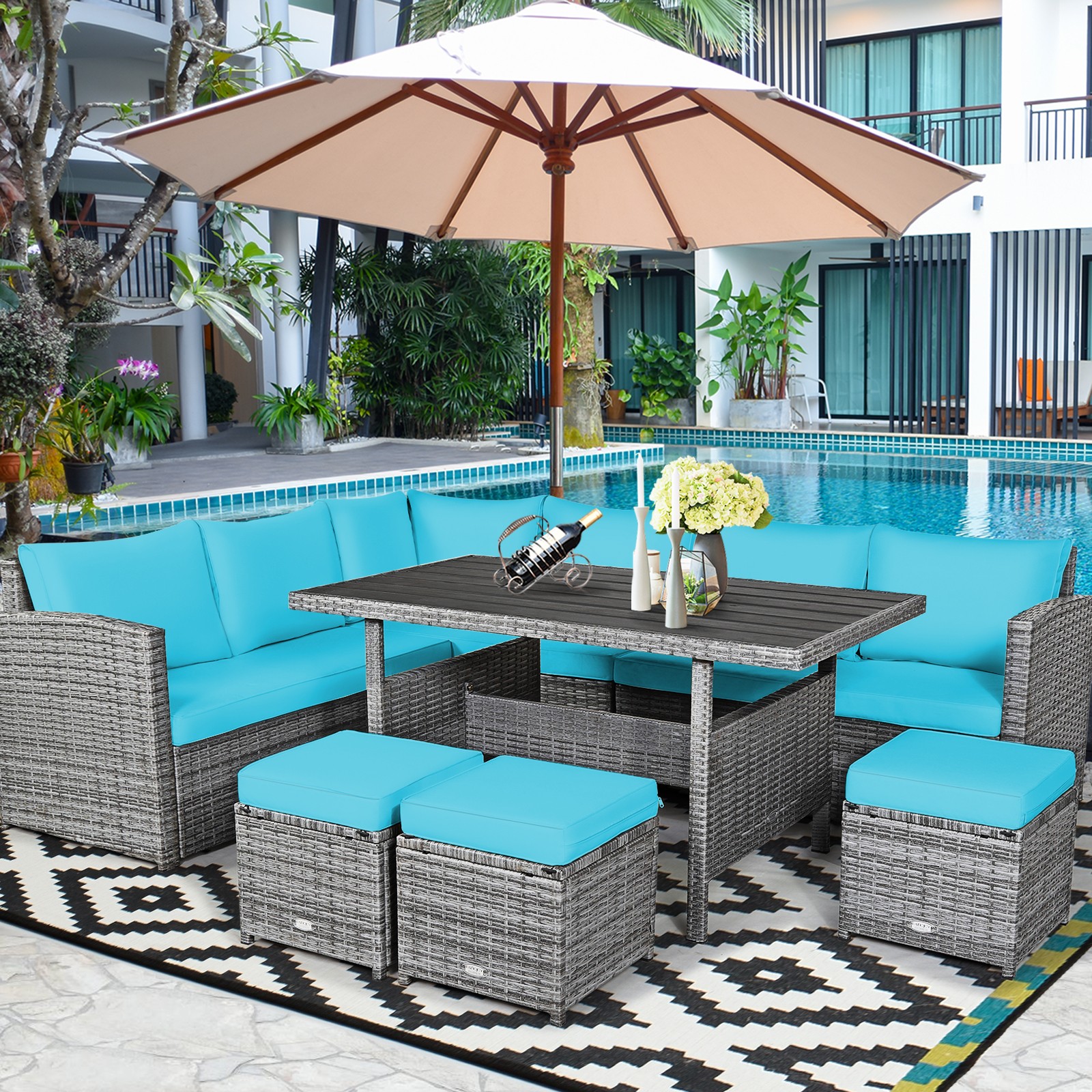 Patiojoy 7 PCS Patio Rattan Dining Set Sectional Sofa Couch Ottoman Turquoise