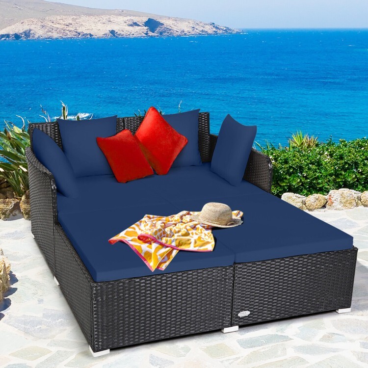 Outdoor Patio Rattan Daybed Wicker Sofa Deck Furniture w/Cushions & Pillows Navy