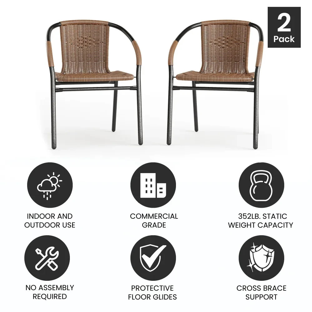 Stackable Patio Chairs Set 2 Outdoor Dining Porch Garden Brown Rattan Bistro New