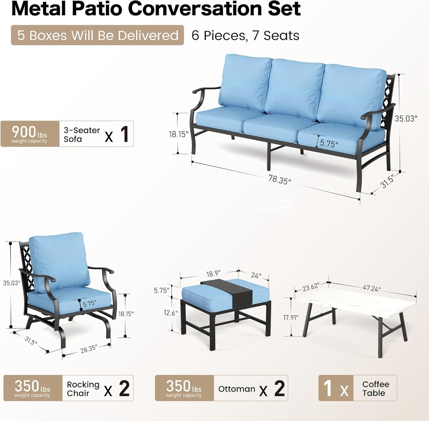 6 Piece Patio Furniture Set Outdoor Conversation Set for Lawn Garden Backyard