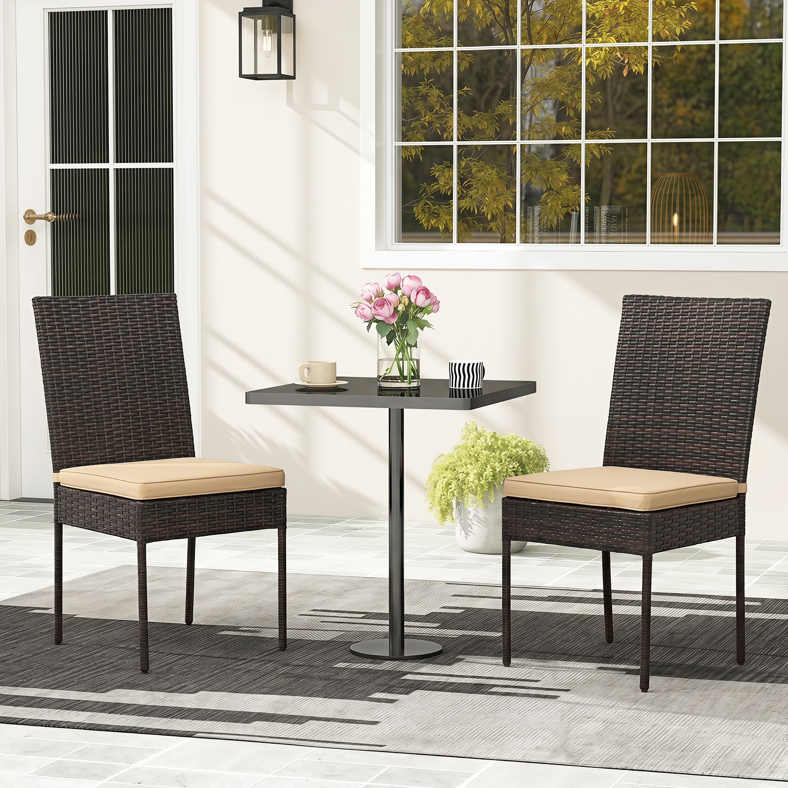 PE Wicker Patio Chairs Set of 4, Outdoor Dining Chairs w/Cushions, Metal Frame