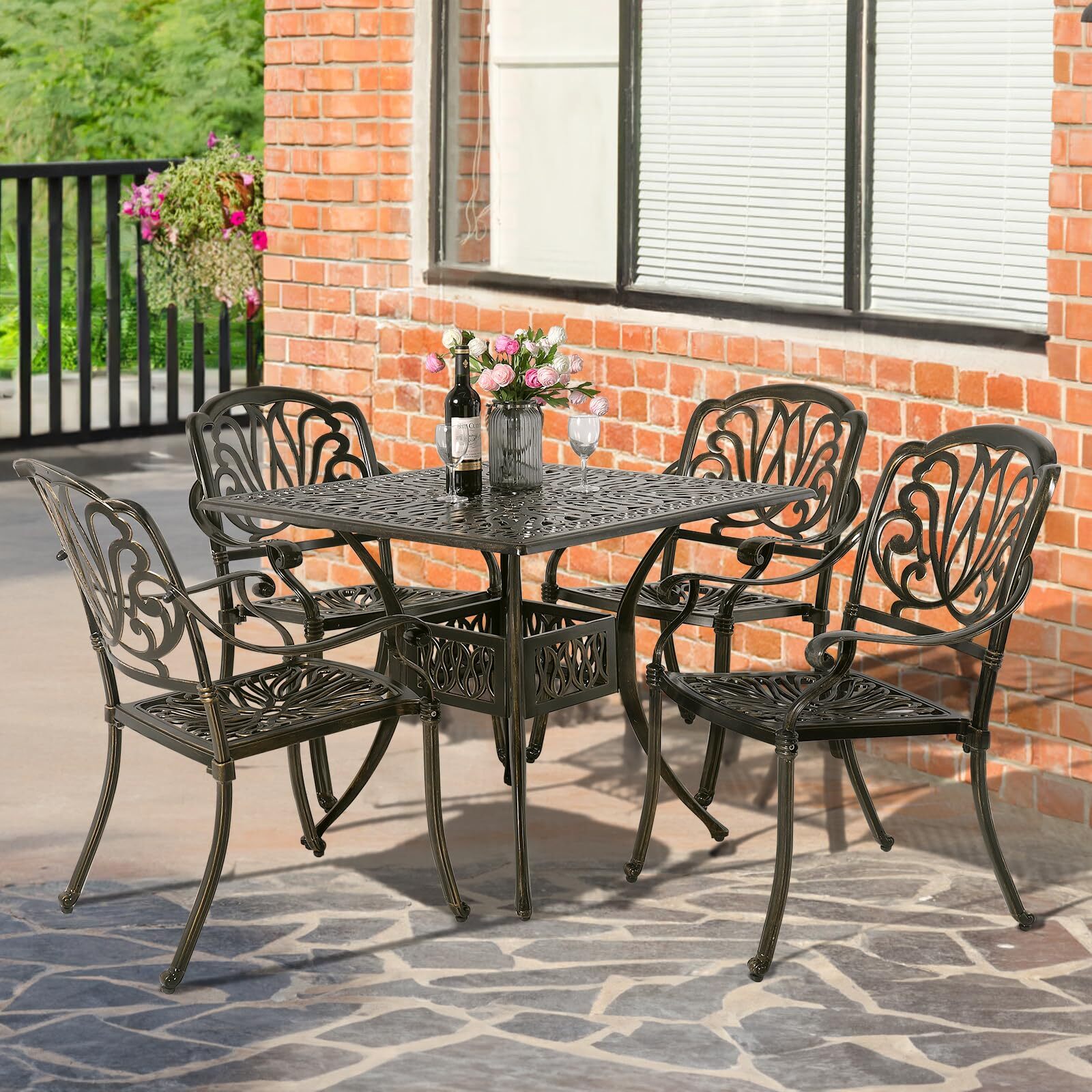 5-Piece Outdoor Patio Dining Set Patio Conversation Set W/ Square Table & Chairs