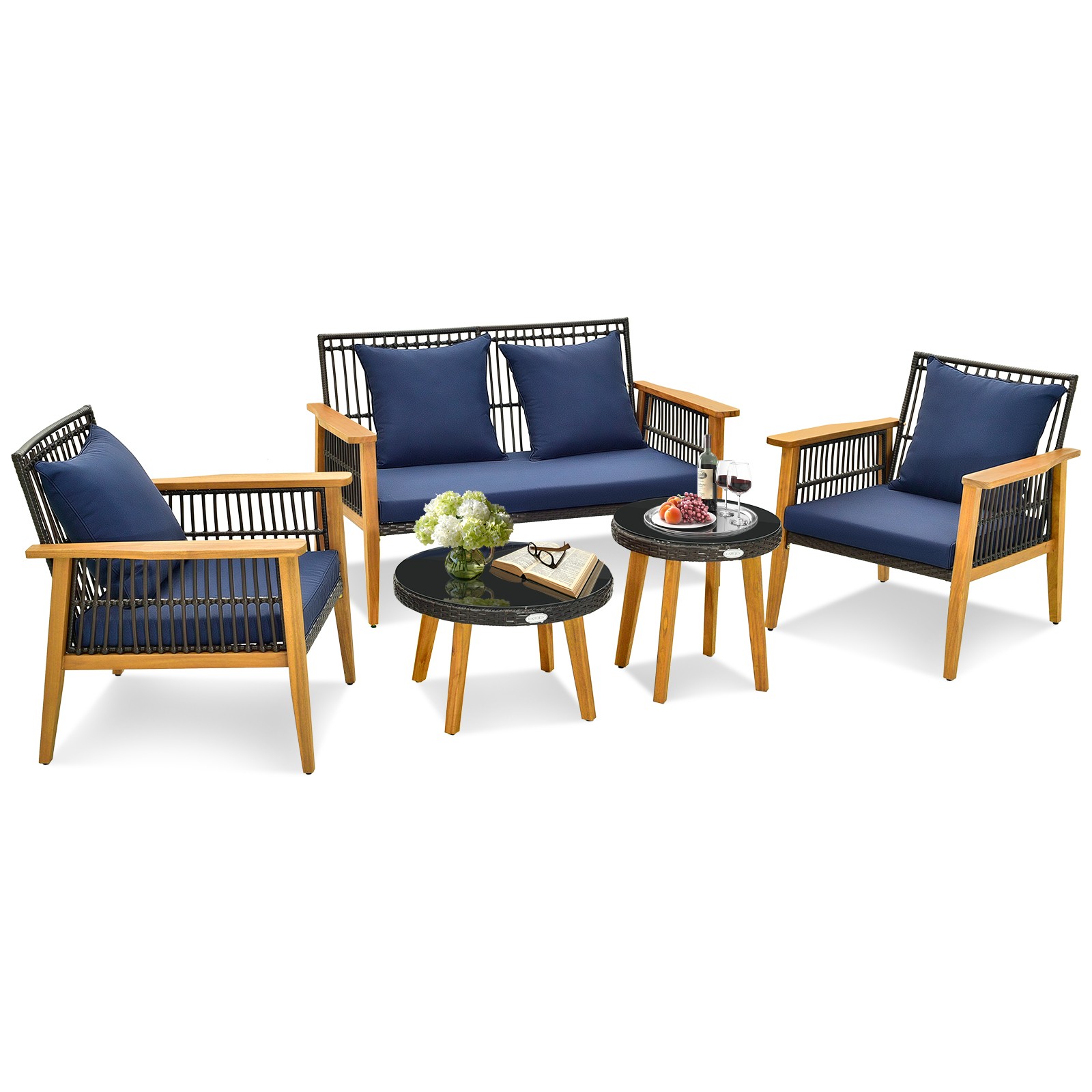 5 Piece Outdoor Conversation Set 2 Coffee Tables Backyard Poolside Navy Sofa
