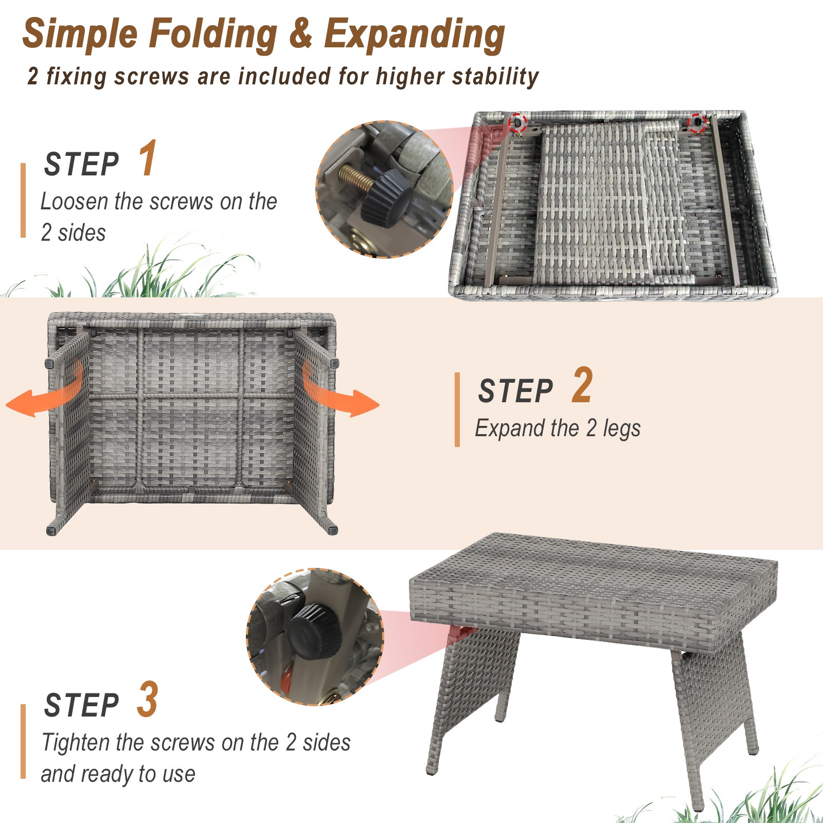 Folding Patio Rattan Wicker Side Table End Coffee Table Portable Garden Mix Grey