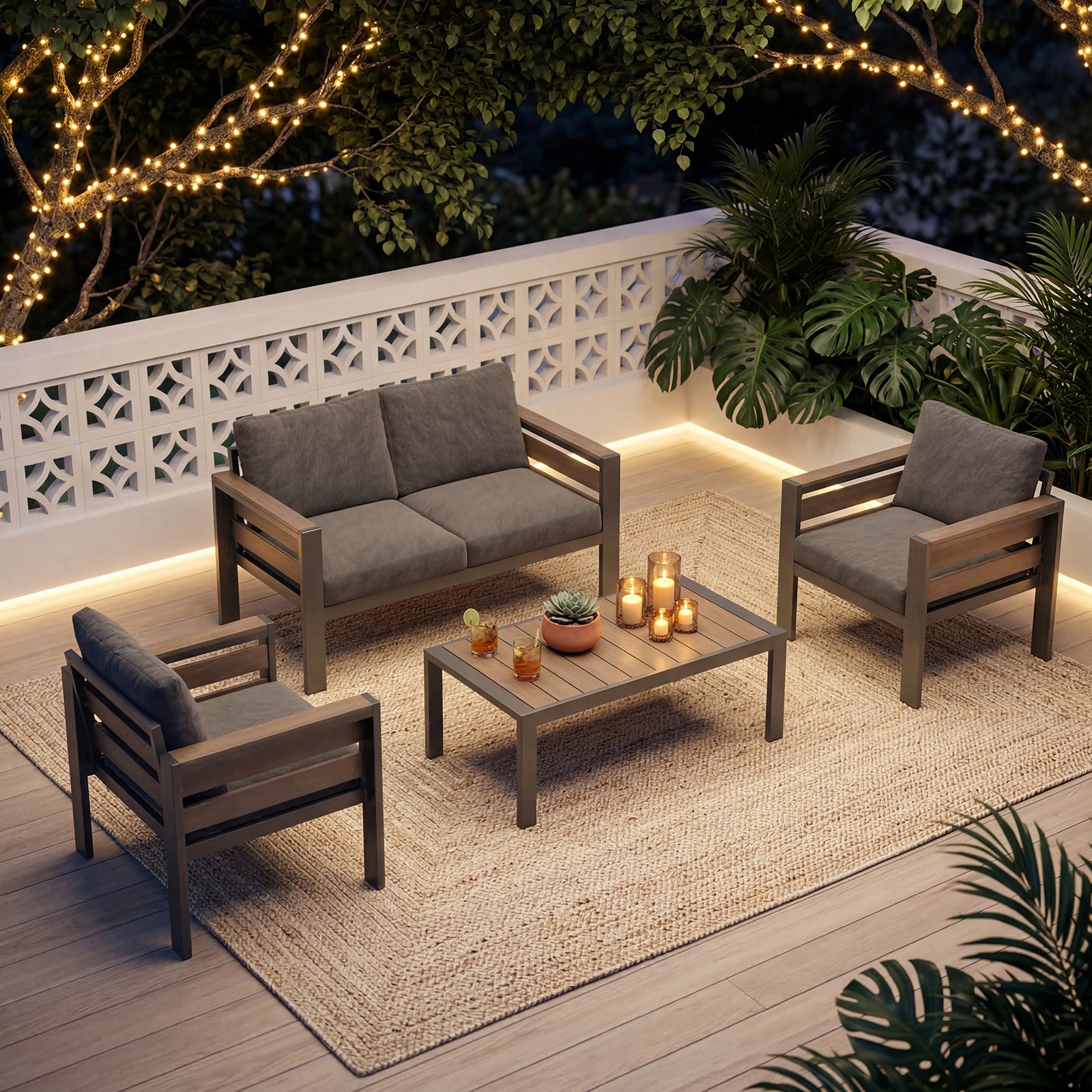 Deluxe Outdoor Living Set Include 2 Single Sofas,1 Double Sofa,Long Coffee Table