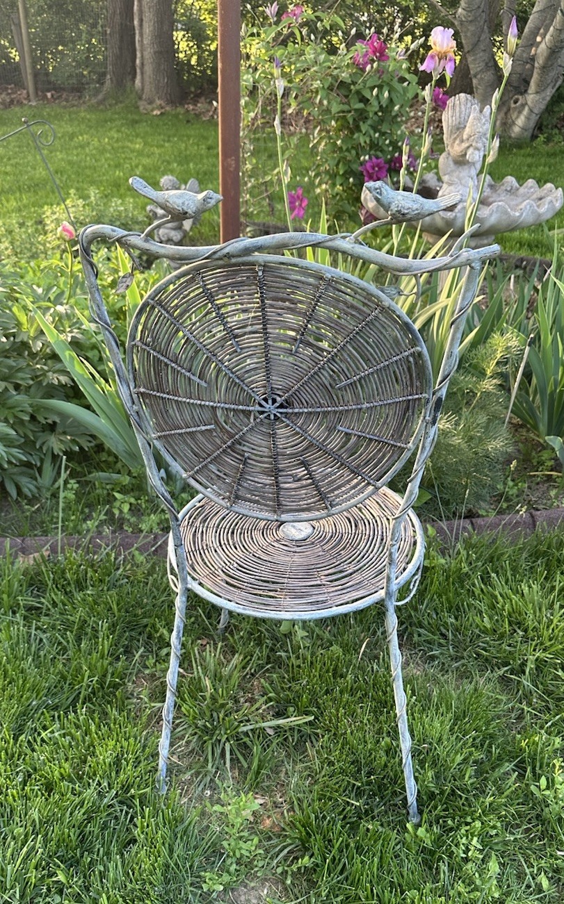 Vtg Bird on Branch French Hand Forged Iron and Wicker Bistro Table and 2 Chairs