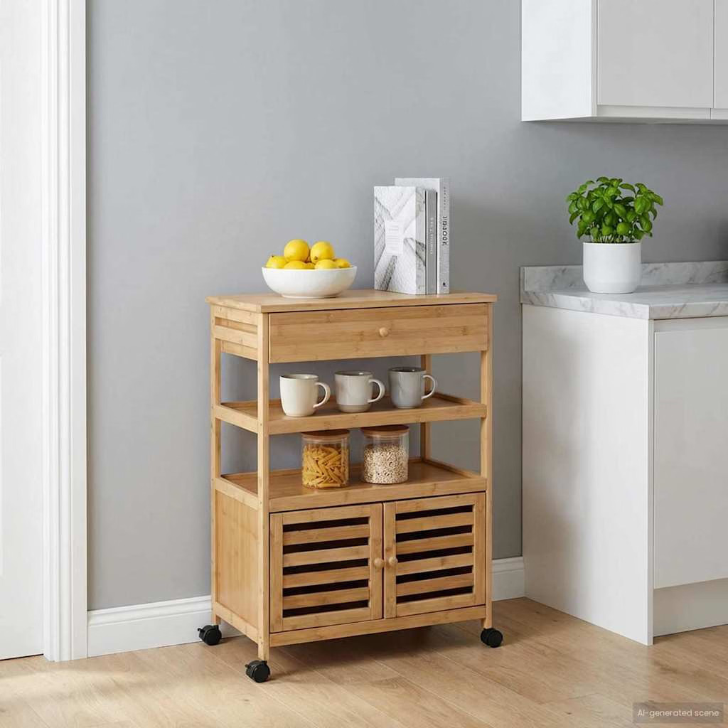 | Kitchen Trolley with Wheels | Natural 23.43 x 14.17 x 32.28 in