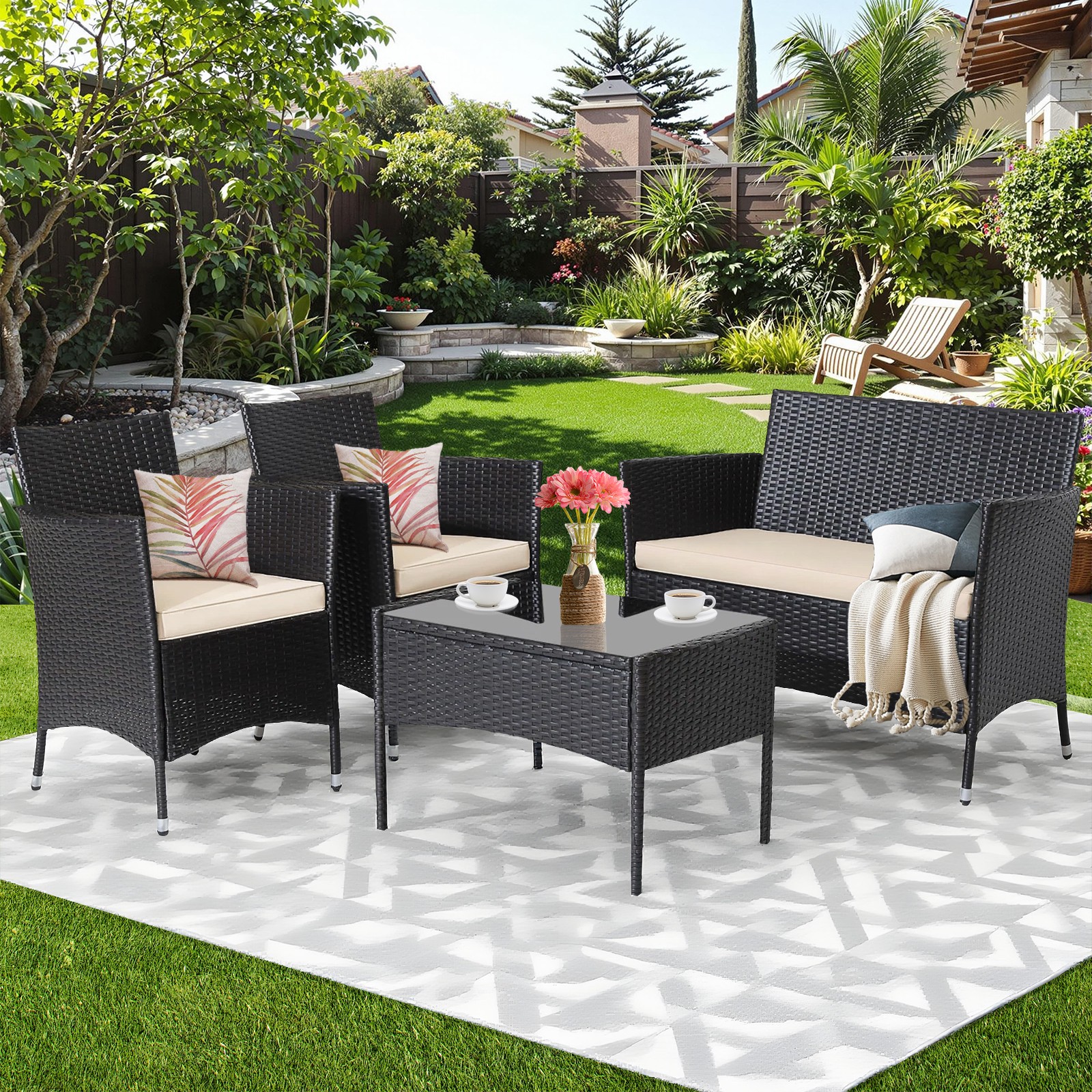 Outdoor Patio Rattan Furniture Set Cushioned Sofa Coffee Table 4PCS Conversation